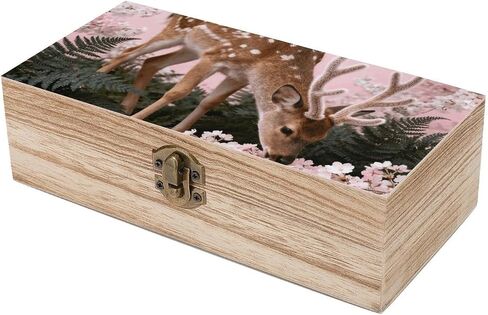 Deer Cherry Blossoms Wooden Storage Box with Hinged Lid for Photo | Wood Keepsake Box, Dustproof Storage Box, Decorative Treasure Chest, Memory Box for Crafts Coins Stamps Letters Jewelry in Kuwait