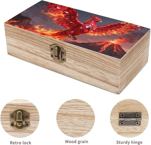 Ruby Phoenix Flame Wooden Storage Box with Hinged Lid for Photo | Wood Keepsake Box, Dustproof Storage Box, Decorative Treasure Chest, Memory Box for Crafts Coins Stamps Letters Jewelry in Kuwait