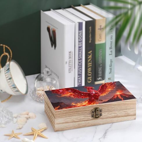 Ruby Phoenix Flame Wooden Storage Box with Hinged Lid for Photo | Wood Keepsake Box, Dustproof Storage Box, Decorative Treasure Chest, Memory Box for Crafts Coins Stamps Letters Jewelry in Kuwait