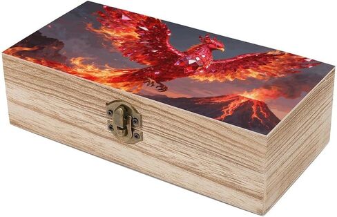 Ruby Phoenix Flame Wooden Storage Box with Hinged Lid for Photo | Wood Keepsake Box, Dustproof Storage Box, Decorative Treasure Chest, Memory Box for Crafts Coins Stamps Letters Jewelry in Kuwait