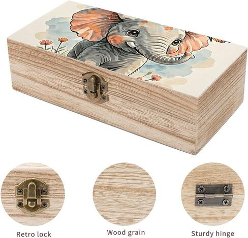 Elephants Wooden Storage Box with Hinged Lid for Photo | Wood Keepsake Box, Dustproof Storage Box, Decorative Treasure Chest, Memory Box for Crafts Coins Stamps Letters Jewelry in Kuwait