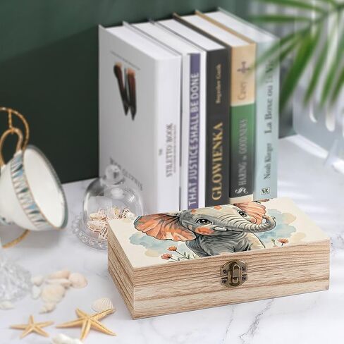 Elephants Wooden Storage Box with Hinged Lid for Photo | Wood Keepsake Box, Dustproof Storage Box, Decorative Treasure Chest, Memory Box for Crafts Coins Stamps Letters Jewelry in Kuwait