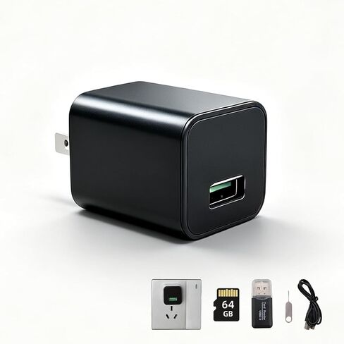 HD 1080P USB Charger Hidden Camera, 64GB Spy Nanny Cam (No WiFi) | Plug and Play Wall-Outlet Mini Cam with Motion Detection Loop Recording, 140° Wide Angle for Indoor Home Security and Pet in Kuwait