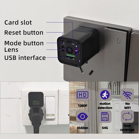 HD 1080P USB Charger Hidden Camera, 64GB Spy Nanny Cam (No WiFi) | Plug and Play Wall-Outlet Mini Cam with Motion Detection Loop Recording, 140° Wide Angle for Indoor Home Security and Pet in Kuwait