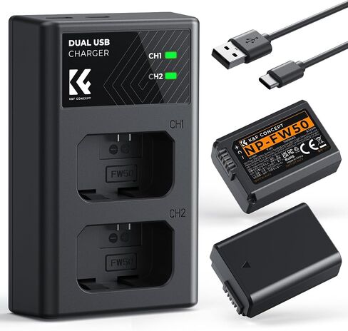 K&F Concept NP-FW50 Battery Charger Set, 2-Pack 1100mAh Replacement Battery | Compatible with Sony ZV-E10 A6000 A6500 A6400 A6300 A7 A7II A7RII A7SII A7S A7R RX10 Camera, Micro US B& USB-C 2-Slot Charger in Kuwait