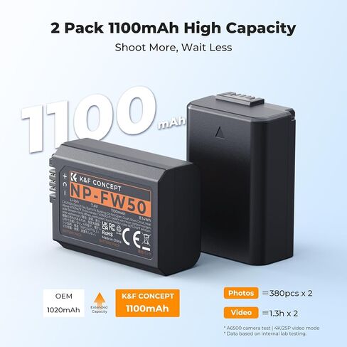 K&F Concept NP-FW50 Battery Charger Set, 2-Pack 1100mAh Replacement Battery | Compatible with Sony ZV-E10 A6000 A6500 A6400 A6300 A7 A7II A7RII A7SII A7S A7R RX10 Camera, Micro US B& USB-C 2-Slot Charger in Kuwait