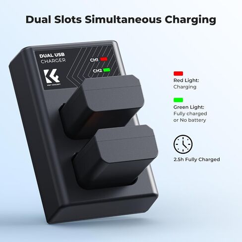 K&F Concept NP-FW50 Battery Charger Set, 2-Pack 1100mAh Replacement Battery | Compatible with Sony ZV-E10 A6000 A6500 A6400 A6300 A7 A7II A7RII A7SII A7S A7R RX10 Camera, Micro US B& USB-C 2-Slot Charger in Kuwait