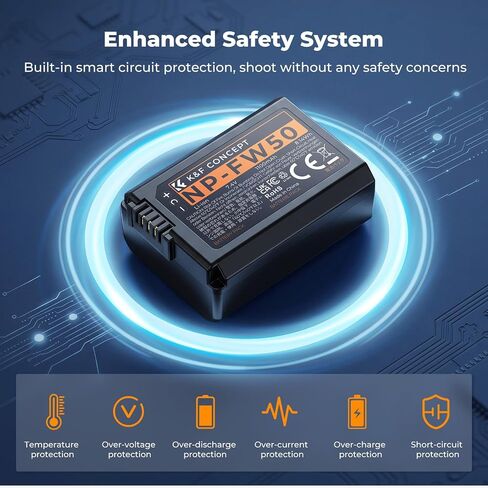 K&F Concept NP-FW50 Battery Charger Set, 2-Pack 1100mAh Replacement Battery | Compatible with Sony ZV-E10 A6000 A6500 A6400 A6300 A7 A7II A7RII A7SII A7S A7R RX10 Camera, Micro US B& USB-C 2-Slot Charger in Kuwait