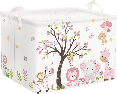 Clastyle Collapsible Large Pink Woodland Animal Baby Girl Bakset Jungle Animals Lion Giraffe Book Shelf Basket with Handle Rectangle Toy Clothes Cube Storage Basket for Kids Room in Kuwait