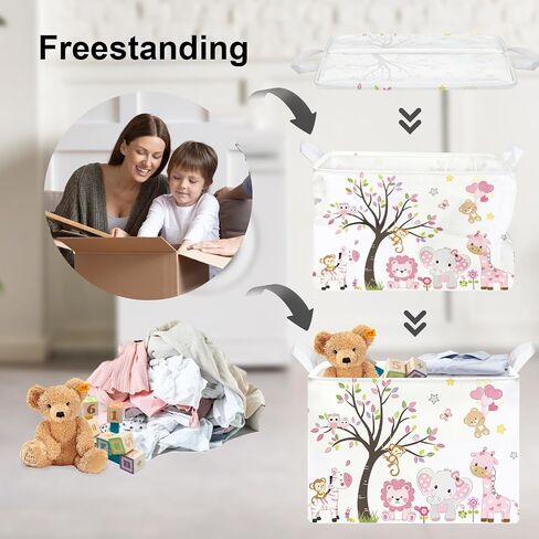 Clastyle Collapsible Large Pink Woodland Animal Baby Girl Bakset Jungle Animals Lion Giraffe Book Shelf Basket with Handle Rectangle Toy Clothes Cube Storage Basket for Kids Room in Kuwait