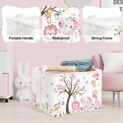 Clastyle Collapsible Large Pink Woodland Animal Baby Girl Bakset Jungle Animals Lion Giraffe Book Shelf Basket with Handle Rectangle Toy Clothes Cube Storage Basket for Kids Room in Kuwait