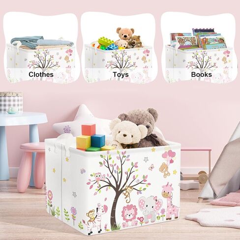 Clastyle Collapsible Large Pink Woodland Animal Baby Girl Bakset Jungle Animals Lion Giraffe Book Shelf Basket with Handle Rectangle Toy Clothes Cube Storage Basket for Kids Room in Kuwait