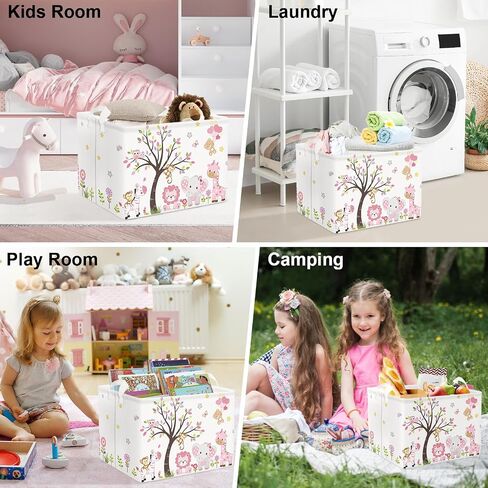 Clastyle Collapsible Large Pink Woodland Animal Baby Girl Bakset Jungle Animals Lion Giraffe Book Shelf Basket with Handle Rectangle Toy Clothes Cube Storage Basket for Kids Room in Kuwait
