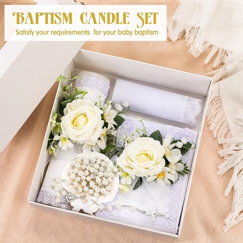 Threlaco 5 Pcs Baptism Candle Set for Boys Girls Included Catholic Devotional Candle with Flower, Baptism Towel, Rosary, Bible for Christenings Baptismal Party Favors(White) in Kuwait