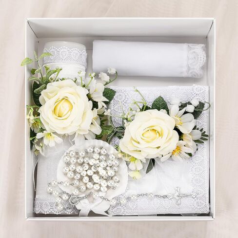 Threlaco 5 Pcs Baptism Candle Set for Boys Girls Included Catholic Devotional Candle with Flower, Baptism Towel, Rosary, Bible for Christenings Baptismal Party Favors(White) in Kuwait