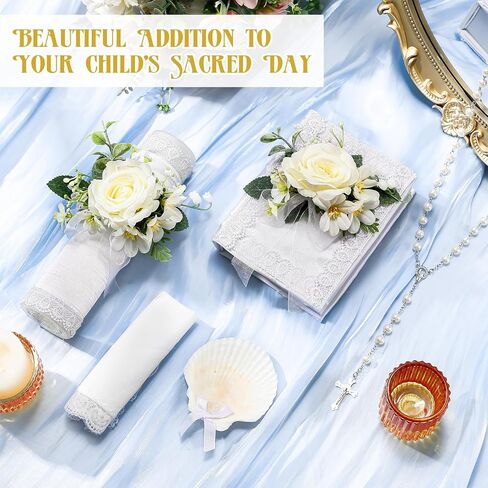 Threlaco 5 Pcs Baptism Candle Set for Boys Girls Included Catholic Devotional Candle with Flower, Baptism Towel, Rosary, Bible for Christenings Baptismal Party Favors(White) in Kuwait