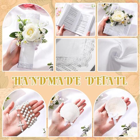Threlaco 5 Pcs Baptism Candle Set for Boys Girls Included Catholic Devotional Candle with Flower, Baptism Towel, Rosary, Bible for Christenings Baptismal Party Favors(White) in Kuwait