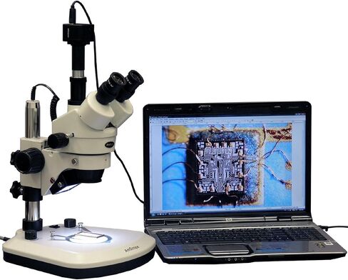 AmScope SM-1TZ-PL-8M Digital Professional Trinocular Stereo Zoom Microscope, WH10x Eyepieces, 3.5X-90X Magnification, 0.7X-4.5X Zoom Objective, Upper and Lower LED Lighting, Large Pillar-Style Table Stand, Includes 0.5X and 2.0X Barlow Lenses and 8MP Came in Kuwait