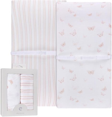 Ely’s & Co. Changing Pad Cover, Diaper Changing Table Sheets, 2 Pack, Cradle Sheet Set for Baby Girls, 100% Jersey Knit Cotton, 32"x16"x5" Pink Butterfly + Stripe Collection in Saudi Arabia