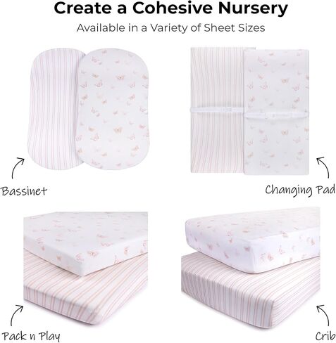 Ely’s & Co. Changing Pad Cover, Diaper Changing Table Sheets, 2 Pack, Cradle Sheet Set for Baby Girls, 100% Jersey Knit Cotton, 32"x16"x5" Pink Butterfly + Stripe Collection in Saudi Arabia