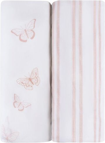 Ely’s & Co. Changing Pad Cover, Diaper Changing Table Sheets, 2 Pack, Cradle Sheet Set for Baby Girls, 100% Jersey Knit Cotton, 32"x16"x5" Pink Butterfly + Stripe Collection in Saudi Arabia