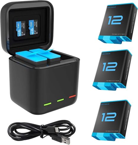 REYGEAK Battery Charger for GoPro Hero 12/11/10/9 Black, Portable Charger 3-Channel Battery Charging Storage 3 Pack Rechargeable Hero 9/10/11/12 Batteries (Charger + 3 x Batteries) in Kuwait