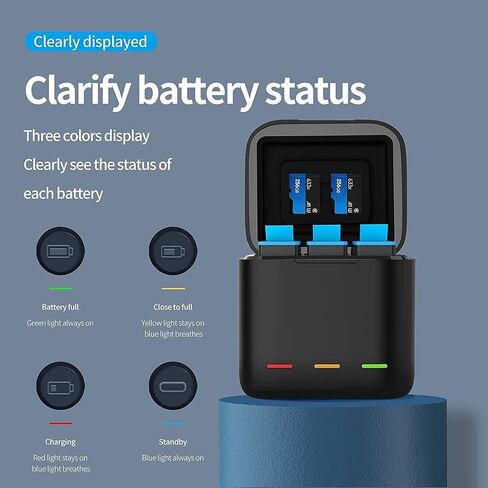 REYGEAK Battery Charger for GoPro Hero 12/11/10/9 Black, Portable Charger 3-Channel Battery Charging Storage 3 Pack Rechargeable Hero 9/10/11/12 Batteries (Charger + 3 x Batteries) in Kuwait