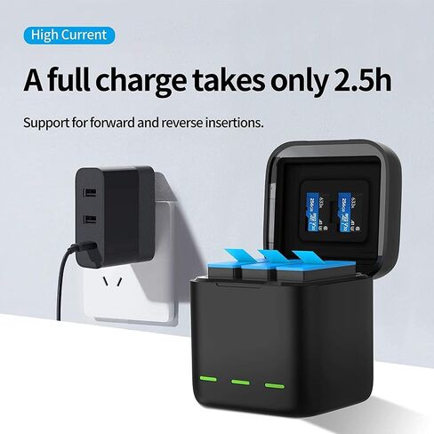 REYGEAK Battery Charger for GoPro Hero 12/11/10/9 Black, Portable Charger 3-Channel Battery Charging Storage 3 Pack Rechargeable Hero 9/10/11/12 Batteries (Charger + 3 x Batteries) in Kuwait