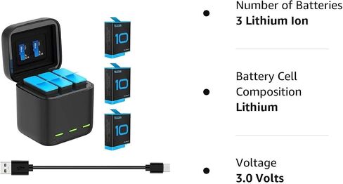 REYGEAK Battery Charger for GoPro Hero 12/11/10/9 Black, Portable Charger 3-Channel Battery Charging Storage 3 Pack Rechargeable Hero 9/10/11/12 Batteries (Charger + 3 x Batteries) in Kuwait