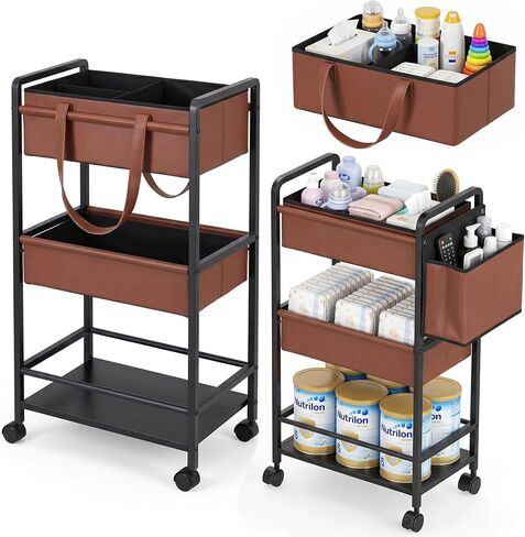Faux Leather 3-Tier Rolling Cart,Multifunctional Diaper Cart Organizer with Lockable Wheels, Large Capacity Bedside Essentials Cart, Mobile Nursery & Postpartum Storage Cart for Bedroom Nursery in Kuwait