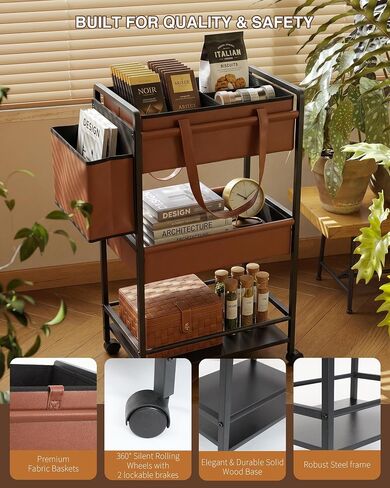 Faux Leather 3-Tier Rolling Cart,Multifunctional Diaper Cart Organizer with Lockable Wheels, Large Capacity Bedside Essentials Cart, Mobile Nursery & Postpartum Storage Cart for Bedroom Nursery in Kuwait