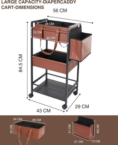 Faux Leather 3-Tier Rolling Cart,Multifunctional Diaper Cart Organizer with Lockable Wheels, Large Capacity Bedside Essentials Cart, Mobile Nursery & Postpartum Storage Cart for Bedroom Nursery in Kuwait