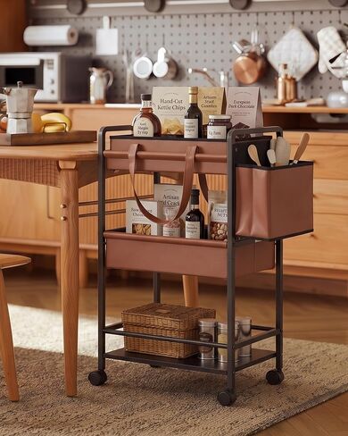 Faux Leather 3-Tier Rolling Cart,Multifunctional Diaper Cart Organizer with Lockable Wheels, Large Capacity Bedside Essentials Cart, Mobile Nursery & Postpartum Storage Cart for Bedroom Nursery in Kuwait