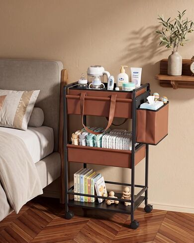 Faux Leather 3-Tier Rolling Cart,Multifunctional Diaper Cart Organizer with Lockable Wheels, Large Capacity Bedside Essentials Cart, Mobile Nursery & Postpartum Storage Cart for Bedroom Nursery in Kuwait