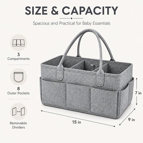 Diaper Caddy Organizer, Portable Baby Diaper Organizer for Changing Table, Nursery Storage Basket for Diapers, Wipes & Baby Essentials, Grey, 15 x 9 x 7 in in Kuwait
