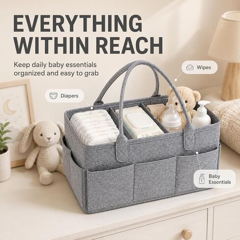 Diaper Caddy Organizer, Portable Baby Diaper Organizer for Changing Table, Nursery Storage Basket for Diapers, Wipes & Baby Essentials, Grey, 15 x 9 x 7 in in Kuwait