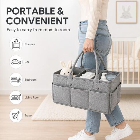 Diaper Caddy Organizer, Portable Baby Diaper Organizer for Changing Table, Nursery Storage Basket for Diapers, Wipes & Baby Essentials, Grey, 15 x 9 x 7 in in Kuwait