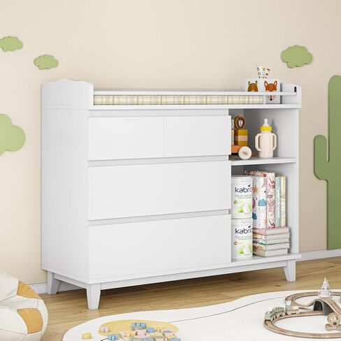 iPormis Baby Changing Table with 4 Drawers & 2 Open Shelves, Multi-Functional Nursery Changing Station with Storage, Pearl White in Kuwait
