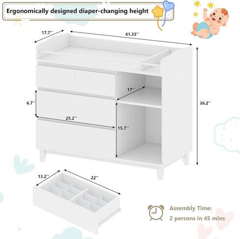 iPormis Baby Changing Table with 4 Drawers & 2 Open Shelves, Multi-Functional Nursery Changing Station with Storage, Pearl White in Kuwait