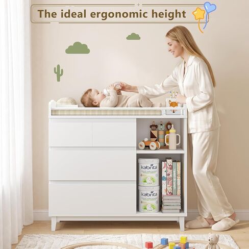 iPormis Baby Changing Table with 4 Drawers & 2 Open Shelves, Multi-Functional Nursery Changing Station with Storage, Pearl White in Kuwait
