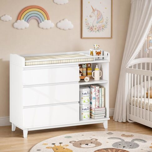 iPormis Baby Changing Table with 4 Drawers & 2 Open Shelves, Multi-Functional Nursery Changing Station with Storage, Pearl White in Kuwait