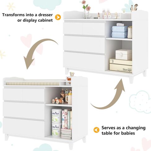 iPormis Baby Changing Table with 4 Drawers & 2 Open Shelves, Multi-Functional Nursery Changing Station with Storage, Pearl White in Kuwait