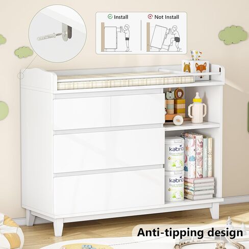 iPormis Baby Changing Table with 4 Drawers & 2 Open Shelves, Multi-Functional Nursery Changing Station with Storage, Pearl White in Kuwait