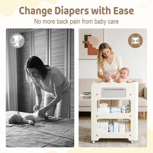 Baby Changing Table, with Lockable Wheels Foldable Portable Diaper Station, Waterproof Nursery Unit for Newborn Infant Essentials Storage Baskets & Cradle Travel-Friendly Easy-Clean Surface Compact in Kuwait