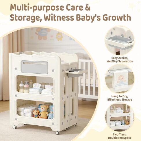 Baby Changing Table, with Lockable Wheels Foldable Portable Diaper Station, Waterproof Nursery Unit for Newborn Infant Essentials Storage Baskets & Cradle Travel-Friendly Easy-Clean Surface Compact in Kuwait