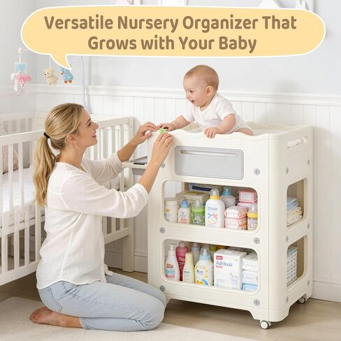 Baby Changing Table, with Lockable Wheels Foldable Portable Diaper Station, Waterproof Nursery Unit for Newborn Infant Essentials Storage Baskets & Cradle Travel-Friendly Easy-Clean Surface Compact in Kuwait