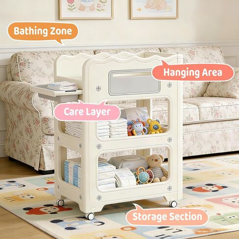 Baby Changing Table, with Lockable Wheels Foldable Portable Diaper Station, Waterproof Nursery Unit for Newborn Infant Essentials Storage Baskets & Cradle Travel-Friendly Easy-Clean Surface Compact in Kuwait