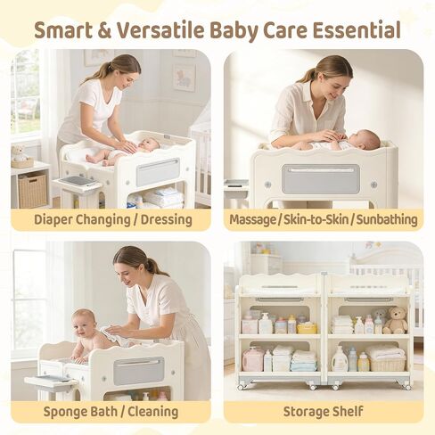 Baby Changing Table, with Lockable Wheels Foldable Portable Diaper Station, Waterproof Nursery Unit for Newborn Infant Essentials Storage Baskets & Cradle Travel-Friendly Easy-Clean Surface Compact in Kuwait