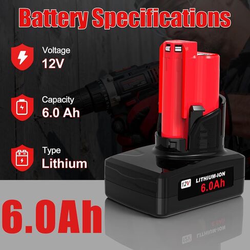 12V 6000mAh Replacement Battery for Milwaukee M12 Battery Compatible with Milwaukee 12V Lithium-ion Battery 48-11-2411 48-11-2440 48-11-2402 Tools (2 Pack) in Kuwait