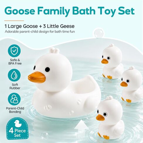 4Pcs No-Hole Goose Family Bath Toys for Toddler 6M+ | BPA-free soft rubber, Sensory floating bath set, Easy clean, For pool, beach & splash play, Ideal water play gift for babies in Kuwait
